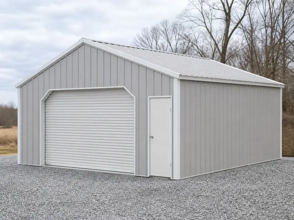 A 20 by 30 enclosed steel garage of the kind a manufacturer builds in one shop and sells through independent dealer lots.