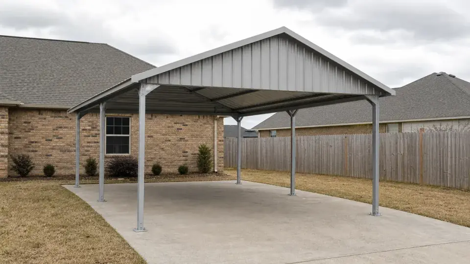 A 22 by 31 vertical roof carport standing on a poured concrete pad, the line a lot carries beside its sheds and prices on completely different logic.