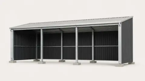 Four bay steel equipment shelter configured in a browser embed, with its size and quote status beside it.