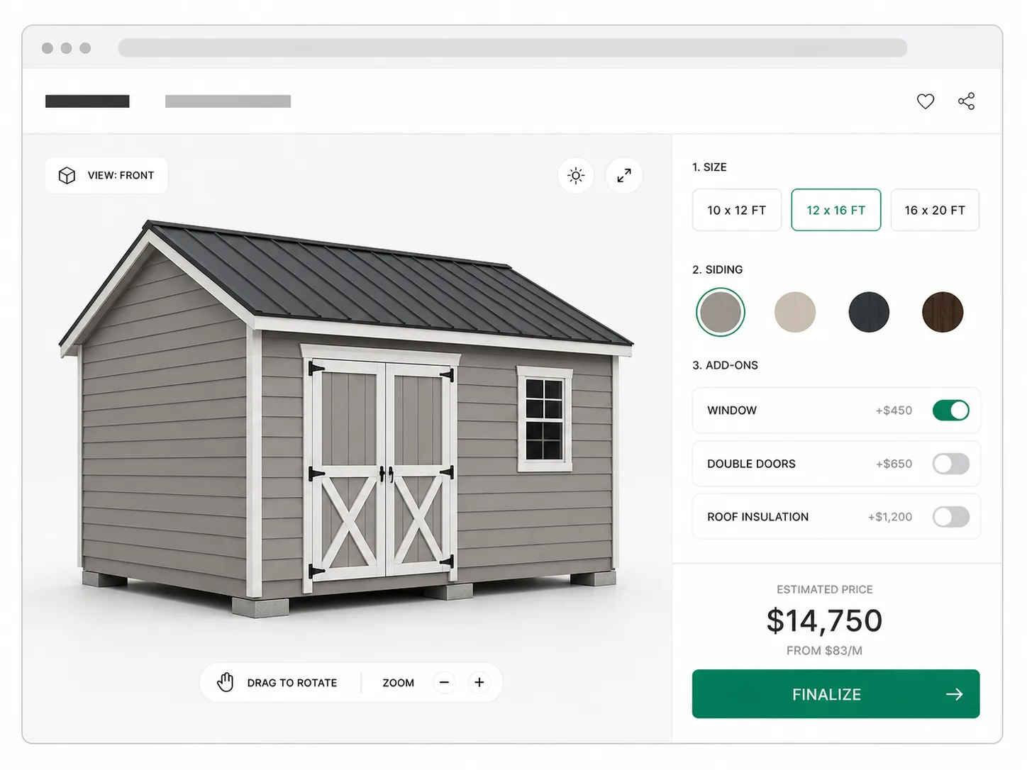 Shed design software pricing a 12 by 16 gable storage shed, with a floating card naming the siding, door, and window options the buyer picked.
