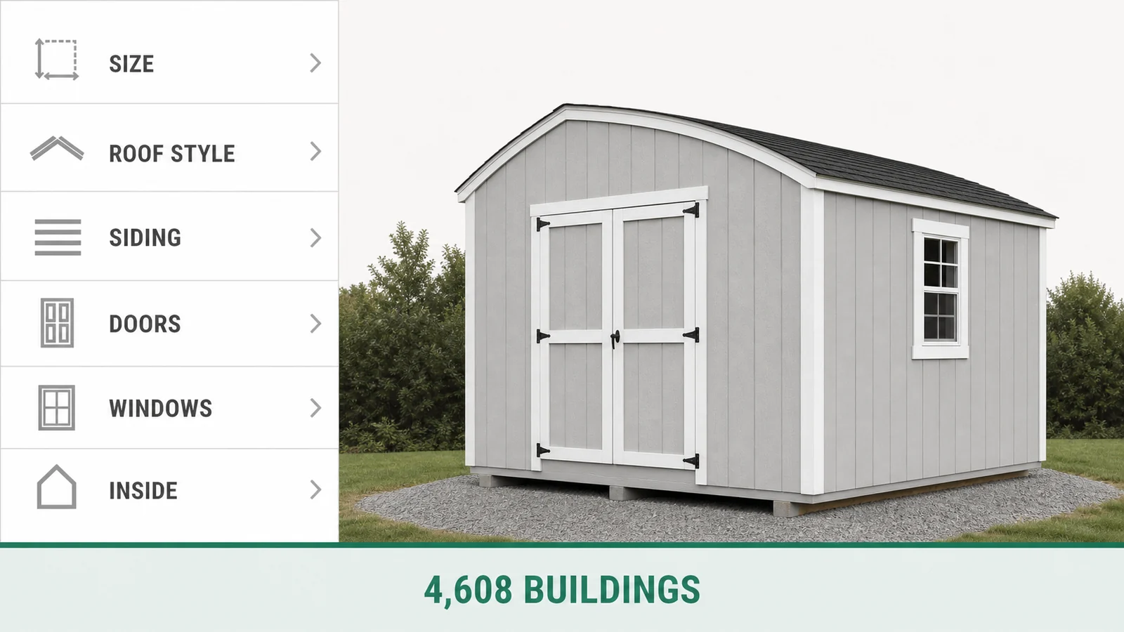 Six option groups behind one 10 by 16 quaker shed, listed as size, roof style, siding, doors, windows, and interior, with the number of buildings that list makes under them.