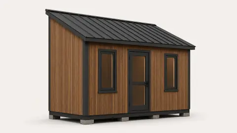 Cedar saltbox garden office with a metal roof in the 3D configurator viewport