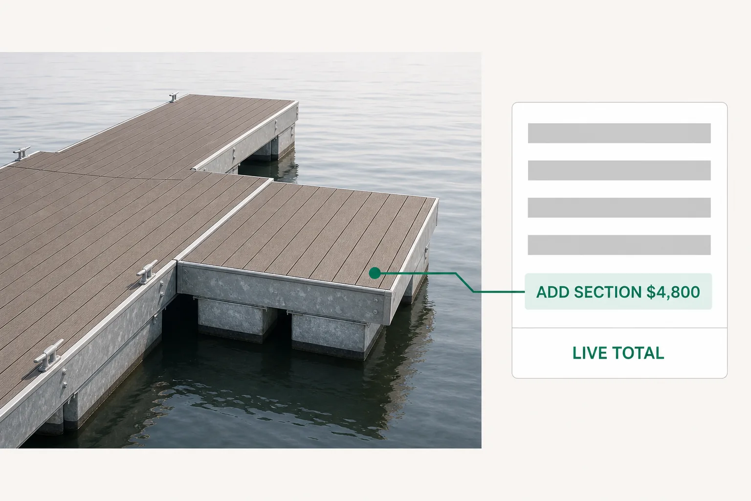Live pricing beside a configured floating marina dock, each section priced on its own line, the total rising as one is added.
