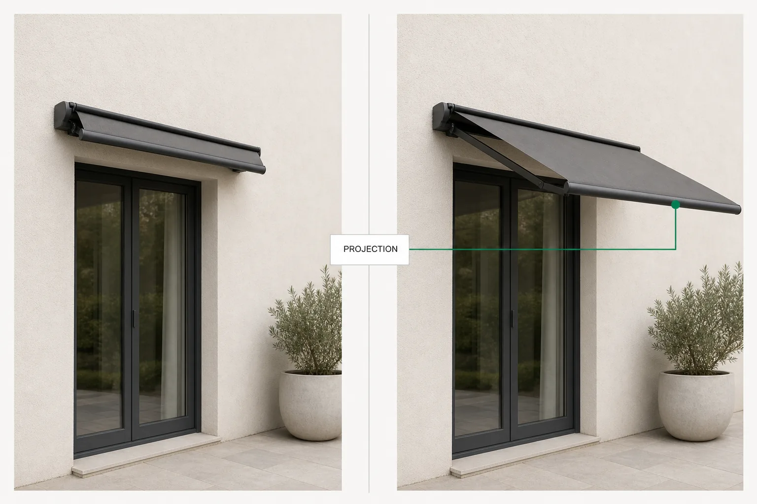 One retractable awning at two projections side by side, the same configuration driving the picture and the priced lines.