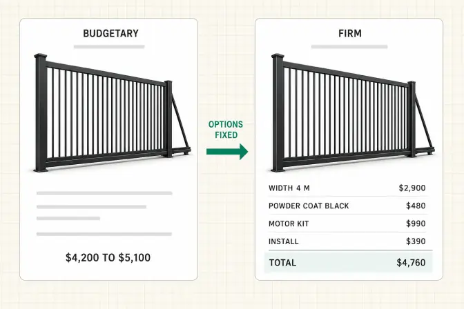 The same aluminium driveway gate shown twice, as a budgetary range on the left and as a firm itemised quote on the right, with a leader line reading options fixed between them