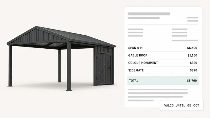 A filled price quote for a configured steel carport, the span, roof pitch, colour and side gate priced as separate line items, with a valid until date in the corner
