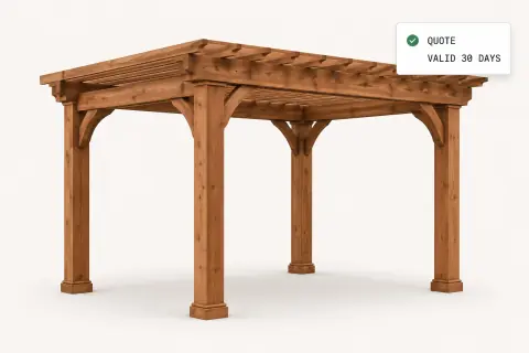 A configured cedar pergola with one floating card reading quote, valid 30 days, the price quote this guide defines