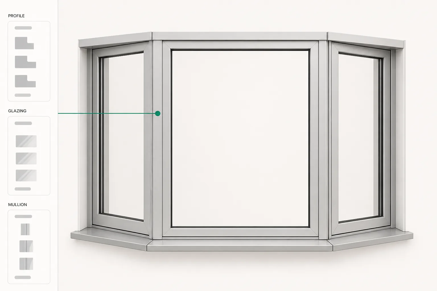 A bay window assembled in 3D, mullions and glazing chosen while the rules check every move.