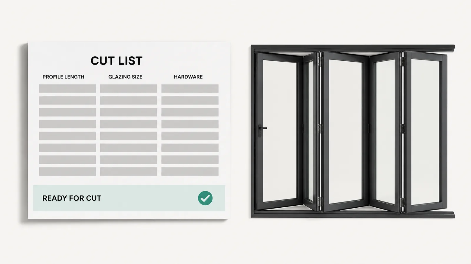 The cut list for an aluminium bifold door, profile lengths and glazing sizes ready for the saw.