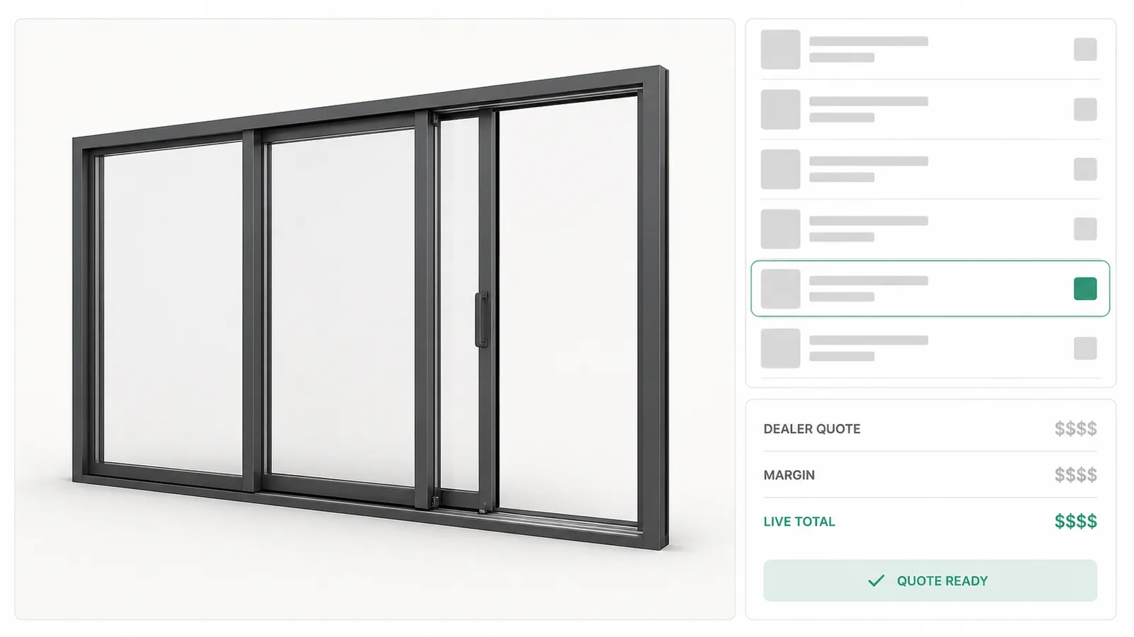 A dealer's quote screen pricing a sliding patio door with the dealer's own margin applied.
