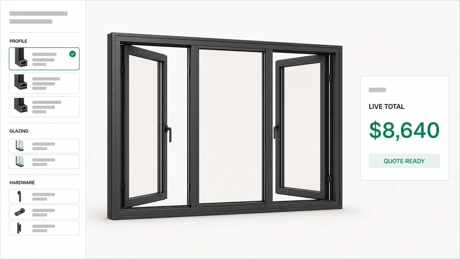 Window and door software pricing a triple casement window in 3D, the profile and glazing options beside a live total.