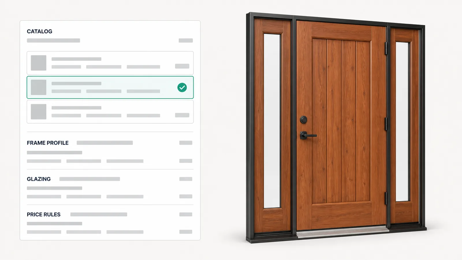 A manufacturer's catalog screen holding the profiles, rules and prices behind a wood entry door.