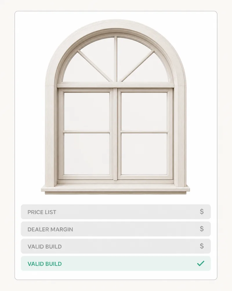 A rule-checked quote for an arched window, every option priced from the current list at the dealer's margin.
