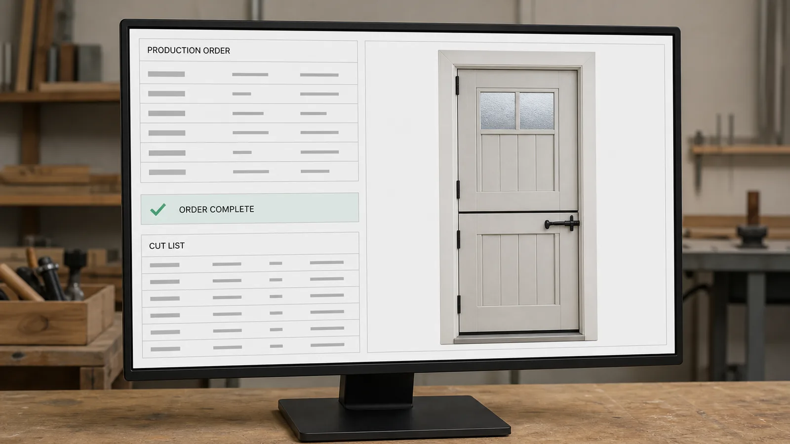 A production order for a Dutch door on a shop monitor, carrying the spec the buyer configured.