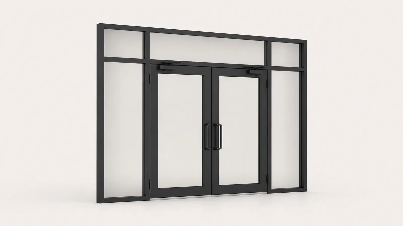 Black aluminum storefront entrance with glazed double doors in the 3D configurator viewport