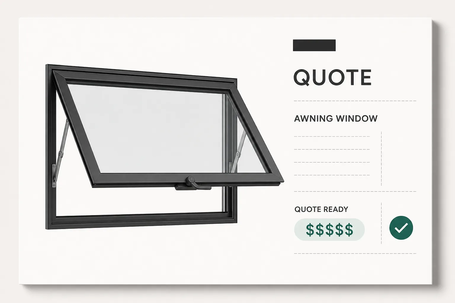 A branded PDF quote for an awning window, the drawing, the option list and the total on one sheet.