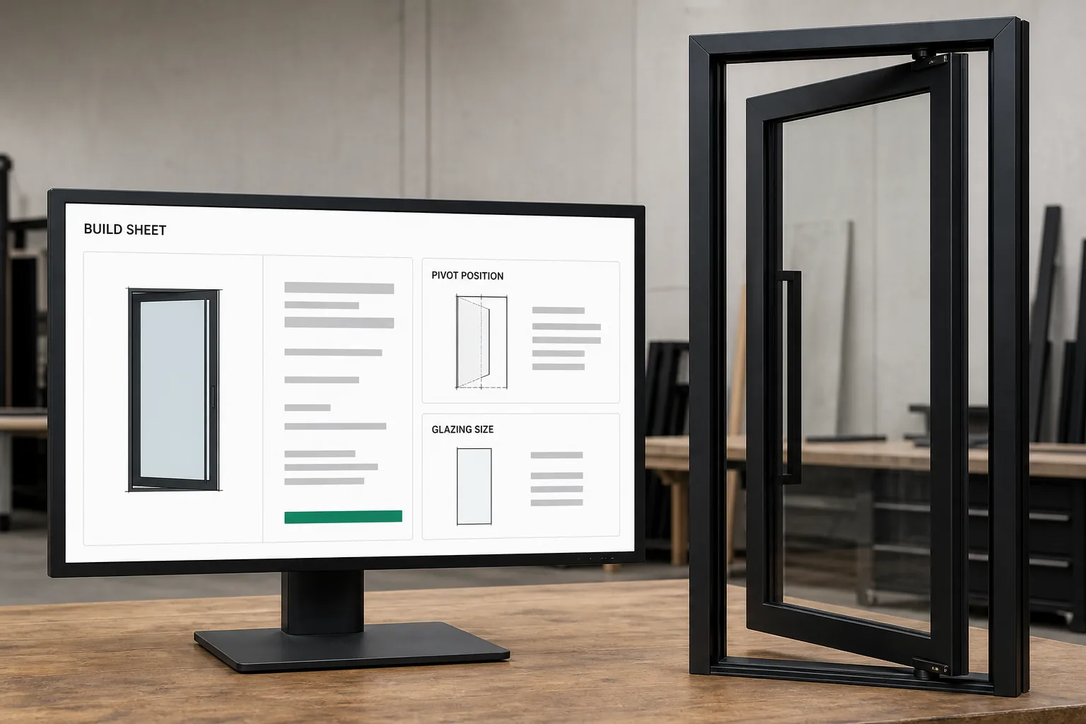 A production spec for a pivot front door on a shop monitor, carrying the configuration the buyer approved.